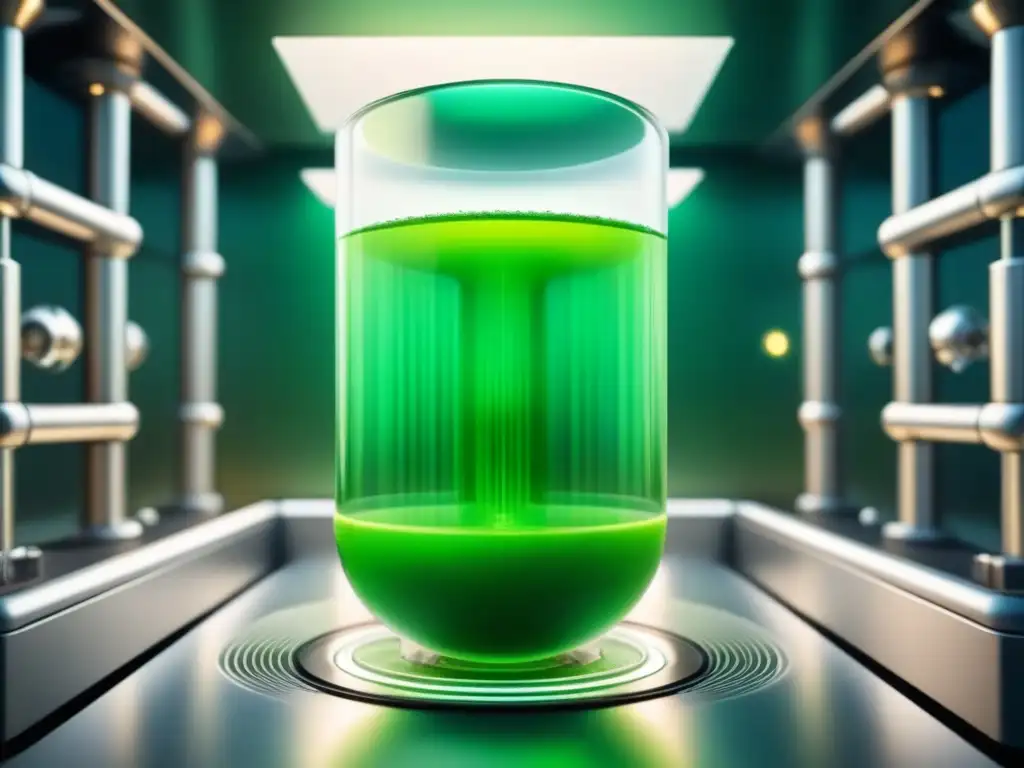 Un bioreactor futurista eficiente con líquido verde burbujeante, rodeado de estructuras moleculares, simbolizando la eficiencia de biocatalizadores