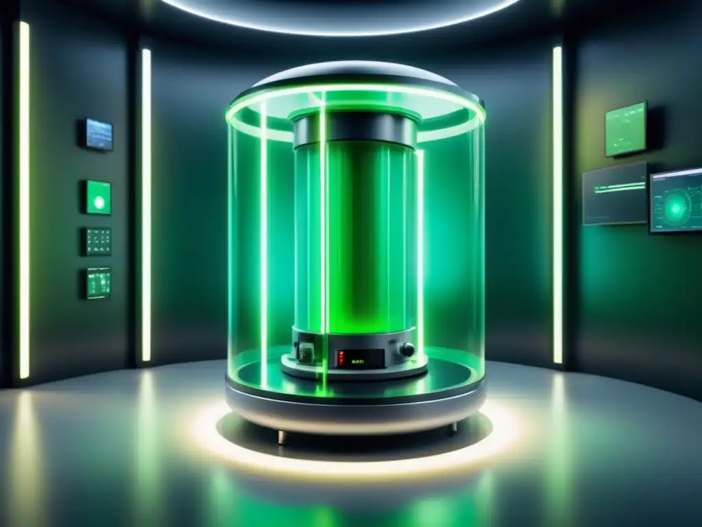 Un bioreactor futurista iluminado con líquido verde, rodeado de sensores inteligentes y pantallas digitales mostrando análisis de datos en tiempo real