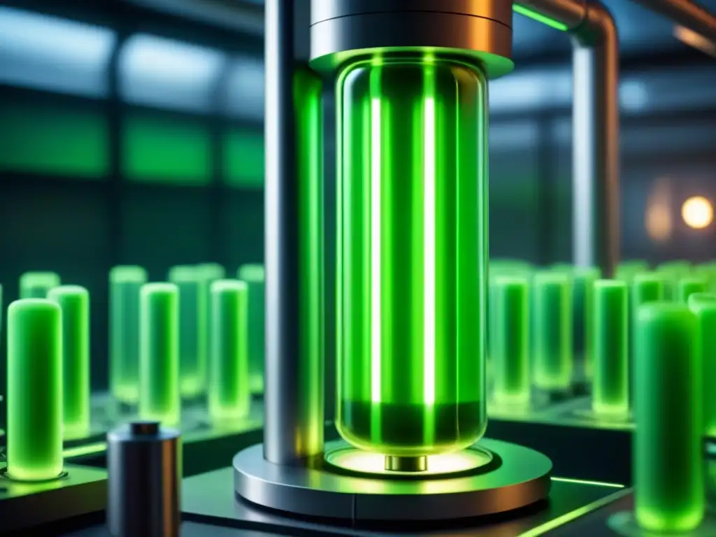 Un bioreactor futurista iluminado con microorganismos verdes, reflejando avances en biología sintética y biocombustibles verde