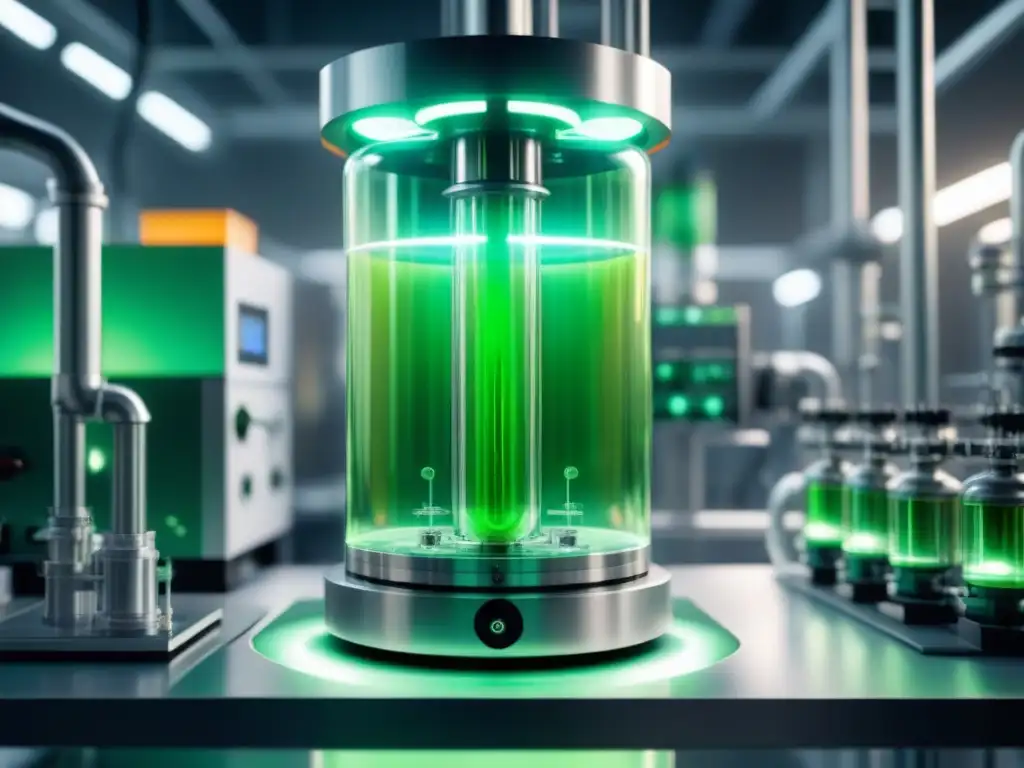 Un bioreactor futurista lleno de biocatalizadores verdes brillantes, rodeado de tuberías industriales en un laboratorio moderno