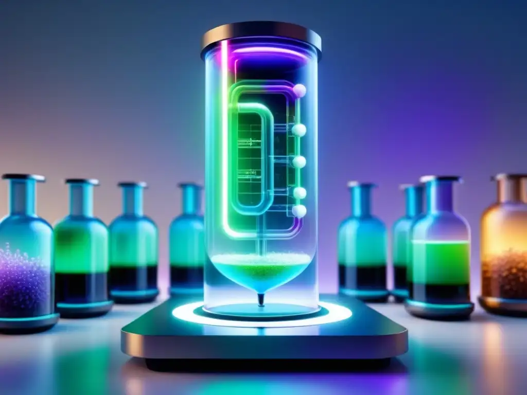 Un bioreactor futurista lleno de enzimas coloridas en acción, simbolizando la innovación en biocatalizadores en la industria química