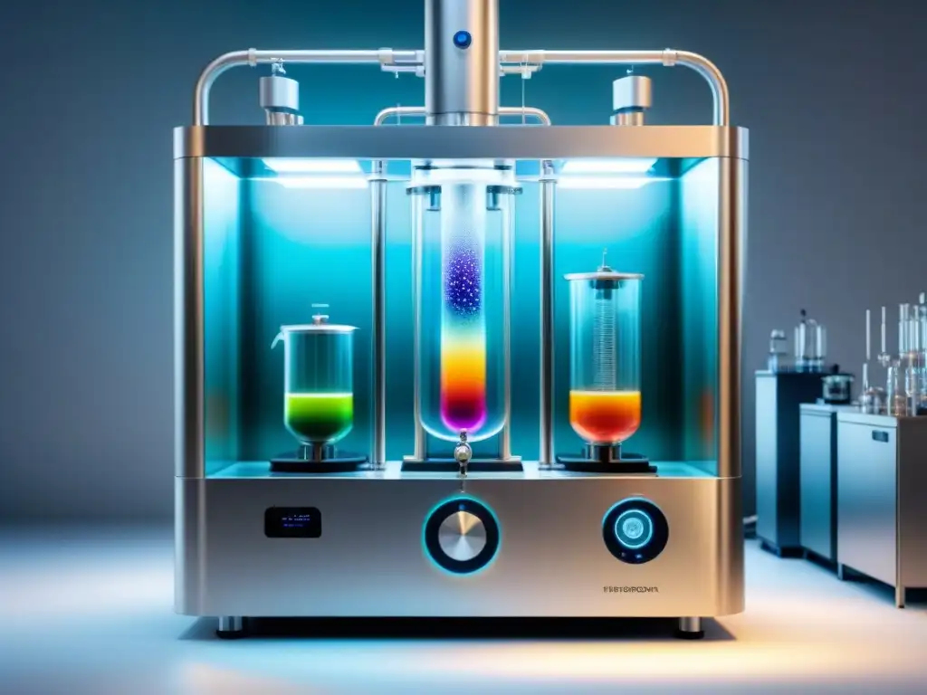 Un bioreactor moderno y colorido, ejemplifica la precisión de la personalización en bioprocesos efectivos