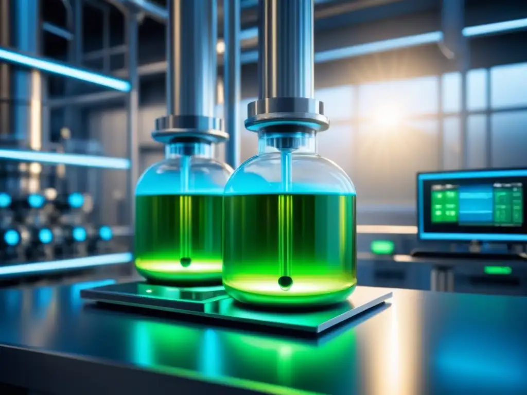 Bioreactor moderno en fábrica química: líquido verde vibrante, luces azules futuristas, tecnología avanzada