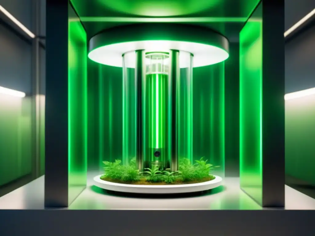 Un bioreactor de última generación transparente iluminado en verde, mostrando la eficiente producción de biocombustibles de tercera generación