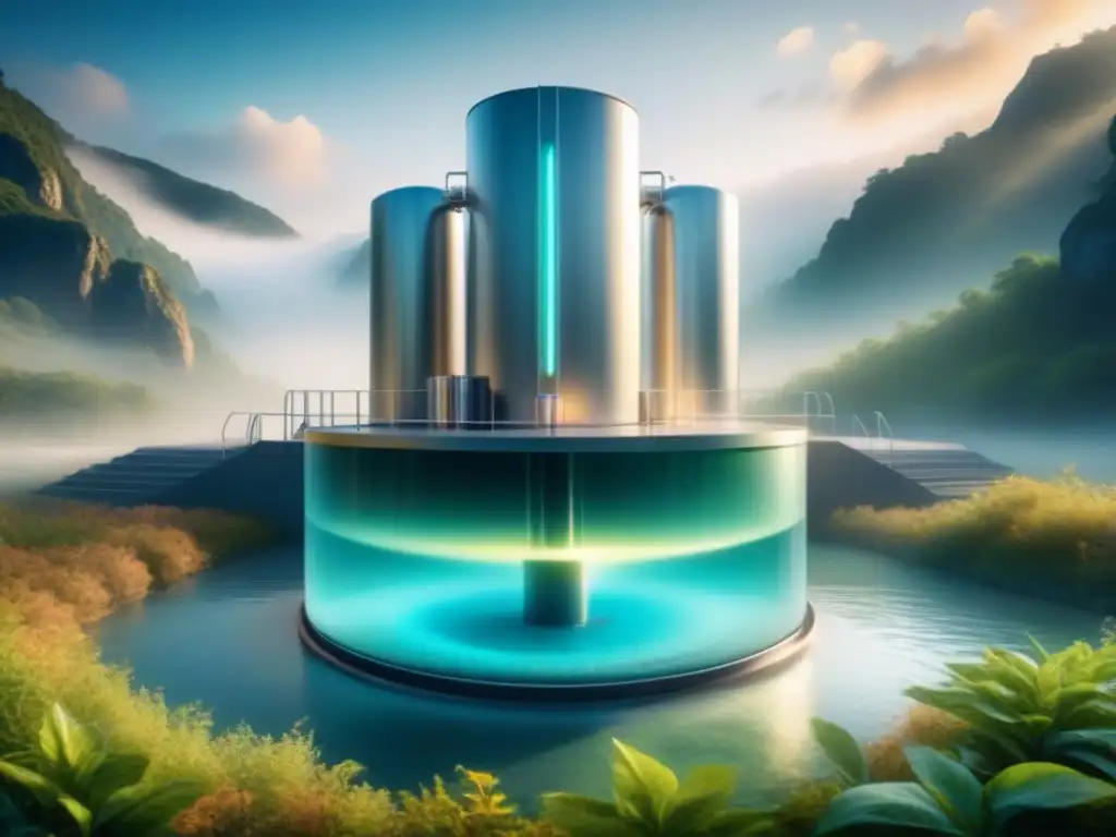 Un biorreactor futurista purificando agua con bioremediación para el Tratamiento de aguas residuales mediante bioremediación