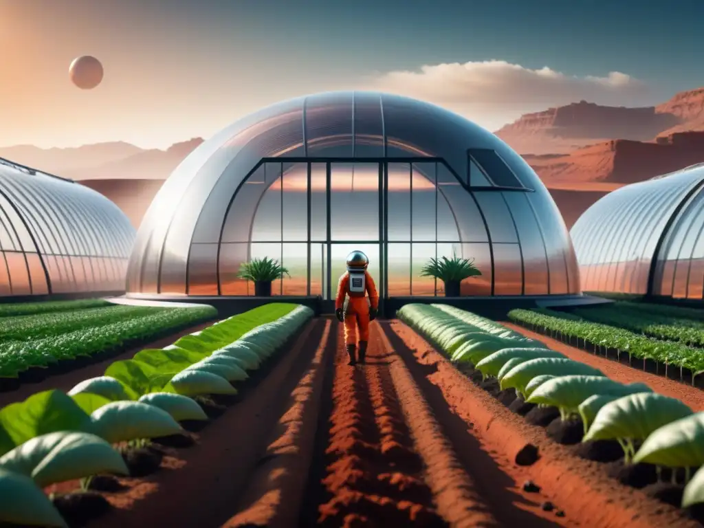 Biotecnología para agricultura en Marte: Invernadero futurista en Marte con cultivos modificados genéticamente bajo luz artificial