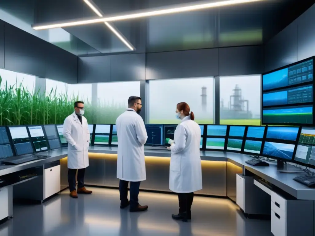 Biotecnología para biocombustibles de tercera generación: Una planta biorefinadora moderna con equipamiento de vanguardia y científicos monitoreando experimentos