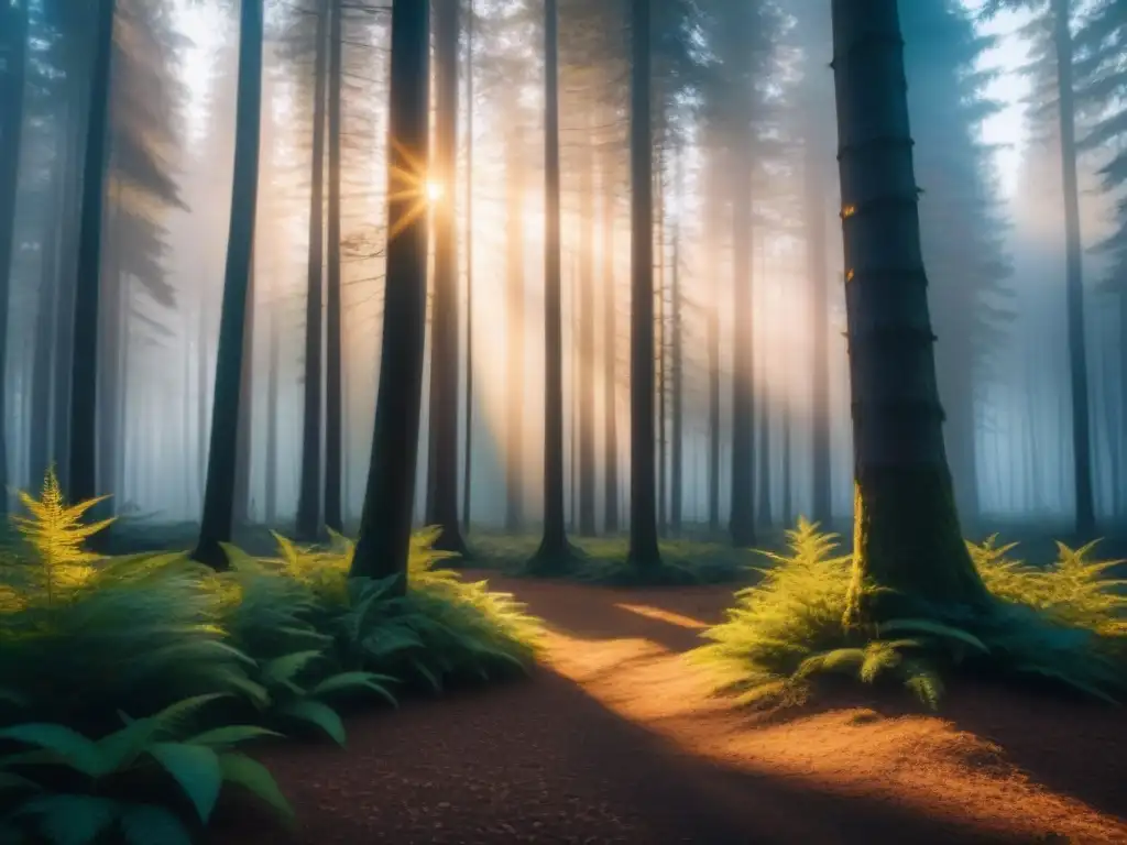 Bosque denso al atardecer con luz dorada entre árboles