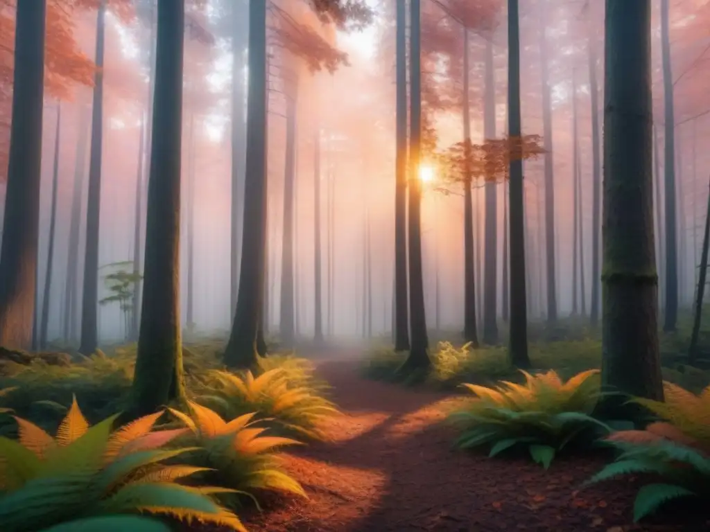 Un bosque denso al atardecer, con tonos naranjas y rosados en el cielo