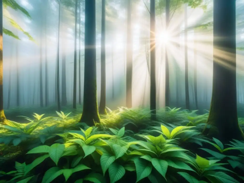 Un bosque denso iluminado por el sol, destacando la biomasa forestal