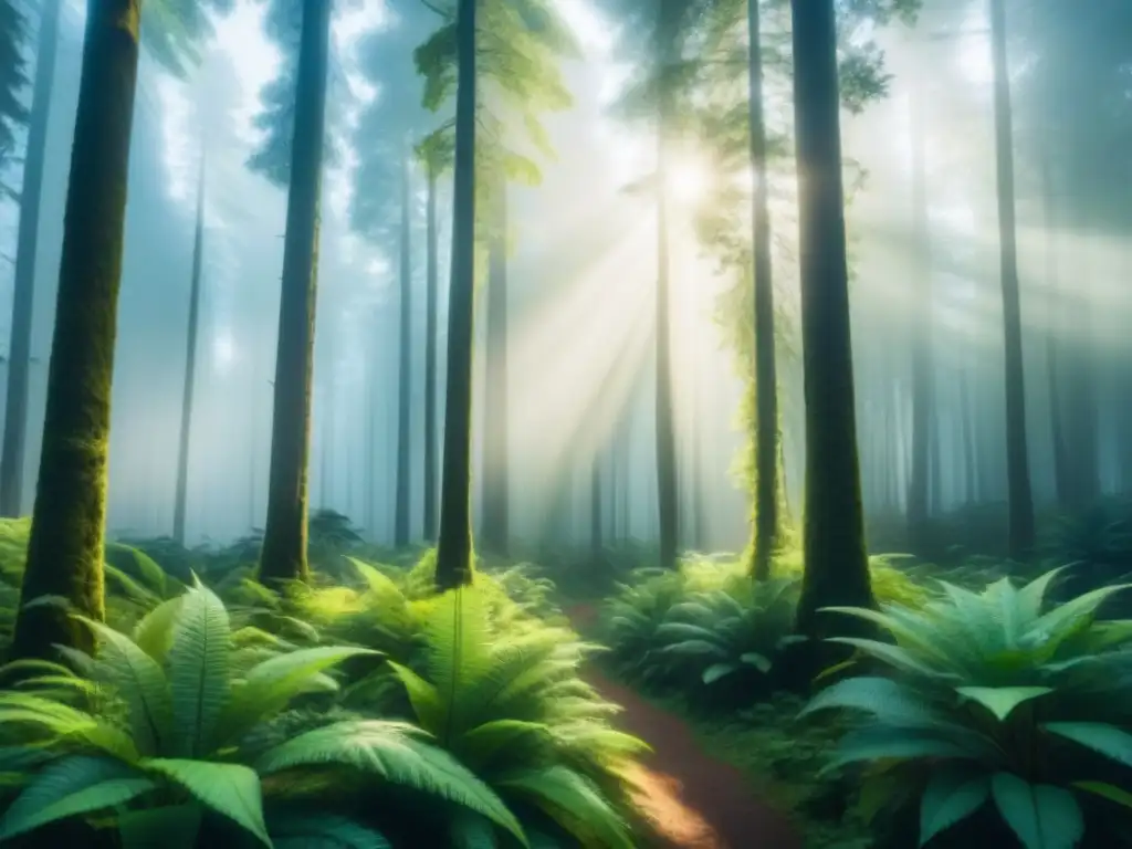 Bosque exuberante con árboles altos, luz filtrándose y atmósfera verde