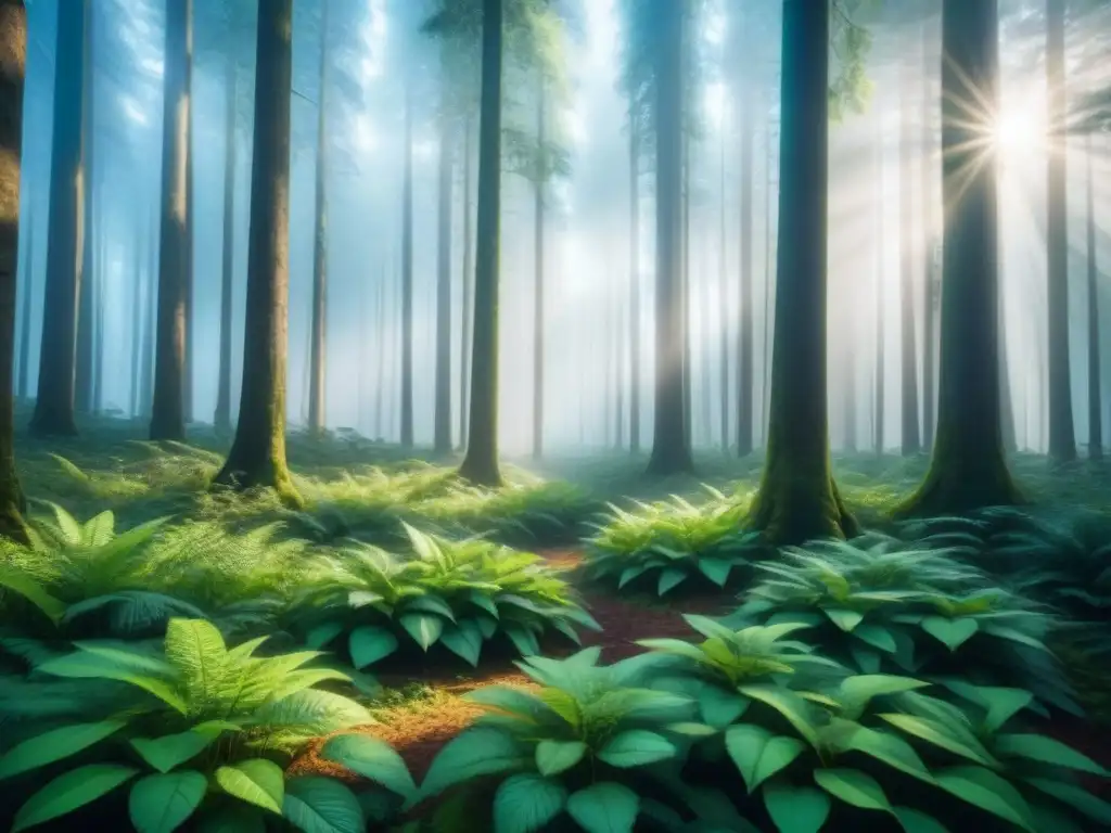 Bosque exuberante con árboles altos y verdes, luz solar filtrándose entre las hojas