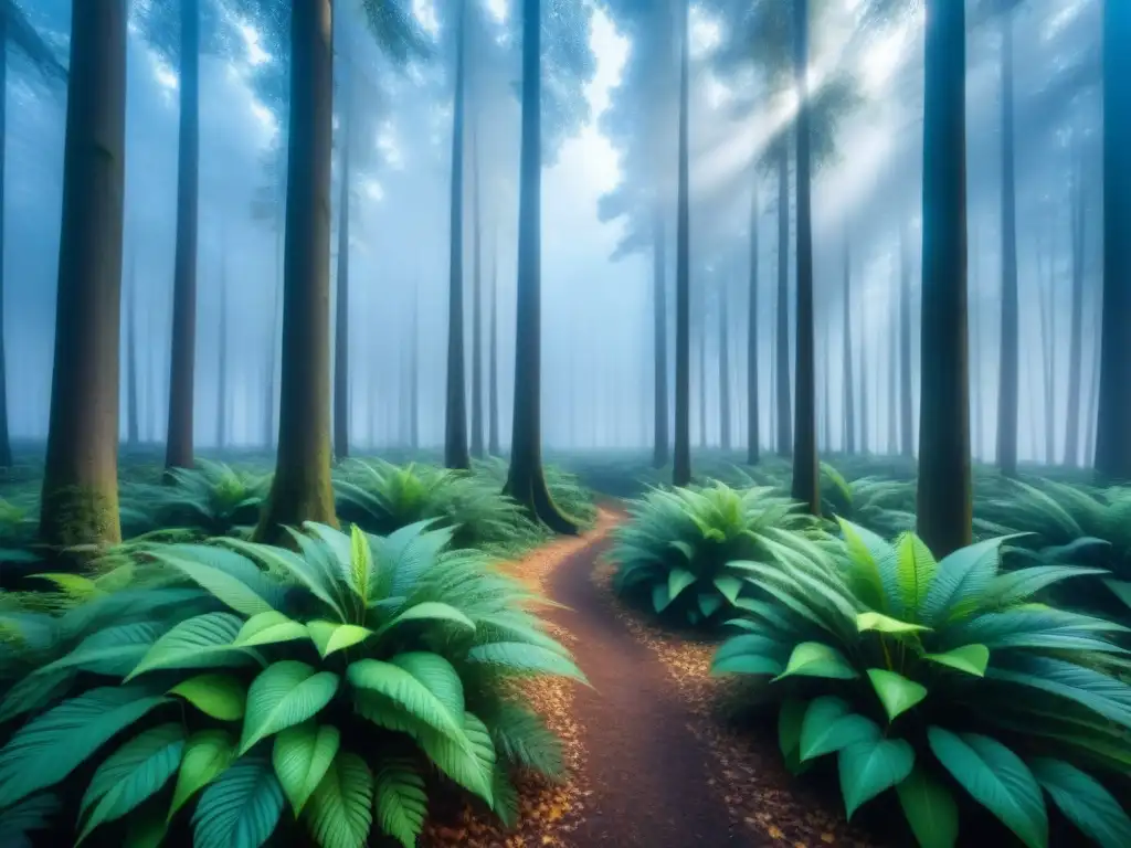 Un bosque exuberante con árboles altos y delgados que se alzan hacia un cielo azul claro