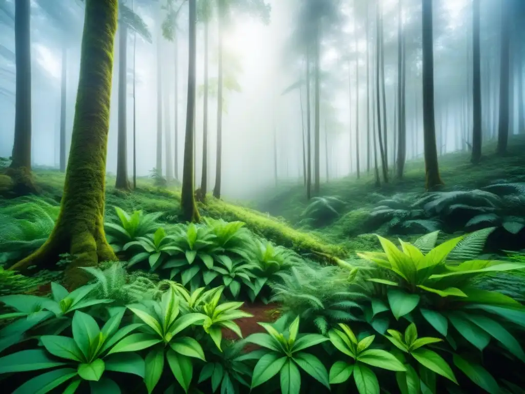 Un bosque exuberante que muestra la armonía entre la naturaleza y la industria, resaltando la sostenibilidad y la bioremediación