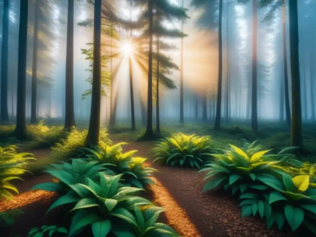 Un bosque exuberante al atardecer con luz cálida filtrándose entre las hojas