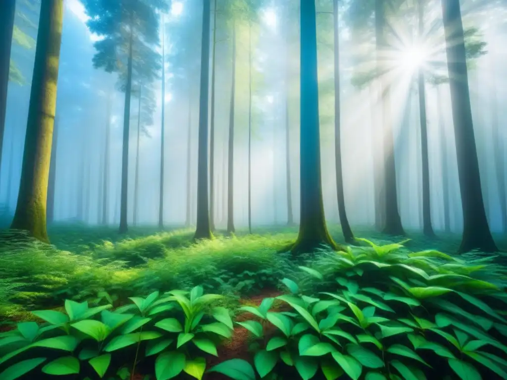 Un bosque exuberante bañado por la luz del sol, transmitiendo tranquilidad y belleza natural