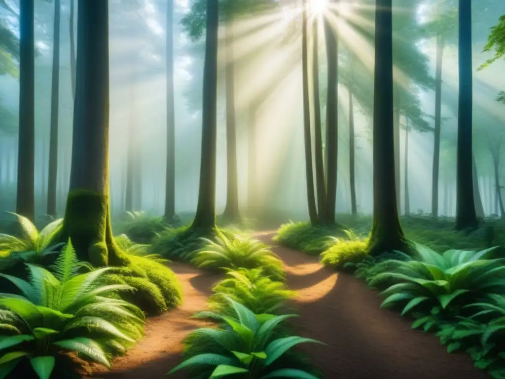 Un bosque exuberante bañado por la luz del sol, reflejando sostenibilidad y armonía con la naturaleza