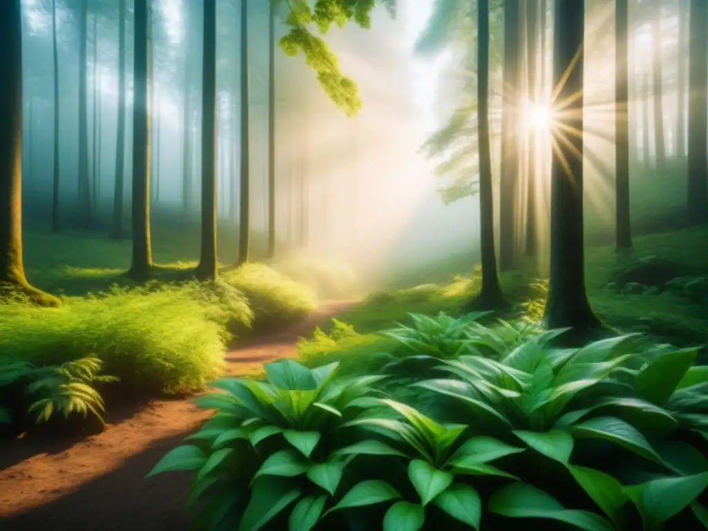 Un bosque exuberante bañado por la luz del sol, mostrando la interconexión de la naturaleza y los biocombustibles de tercera generación sostenibles