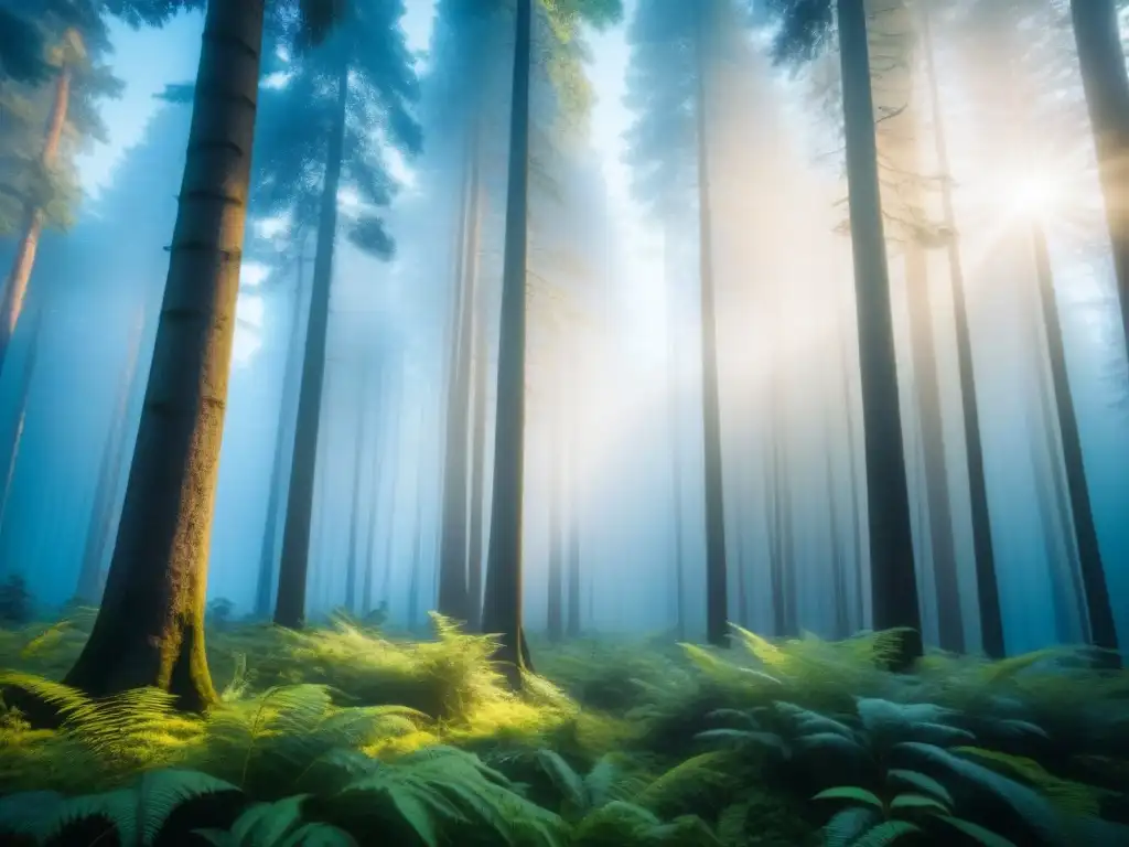 Un bosque exuberante bañado en luz dorada, reflejando los beneficios de la biomasa forestal como energía renovable