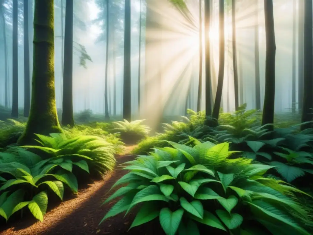 Un bosque exuberante bañado por la luz del sol, proyectando sombras en el suelo