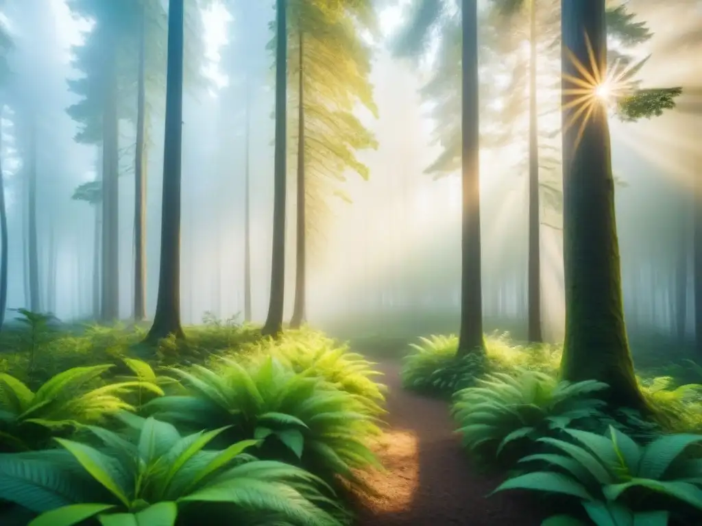 Un bosque exuberante bañado por la luz dorada del sol, con árboles altos y una suave bruma en el suelo