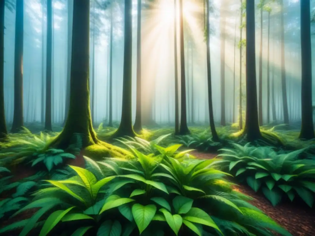 Un bosque exuberante bañado por la luz del sol, simbolizando el potencial de la biomasa en la nueva economía