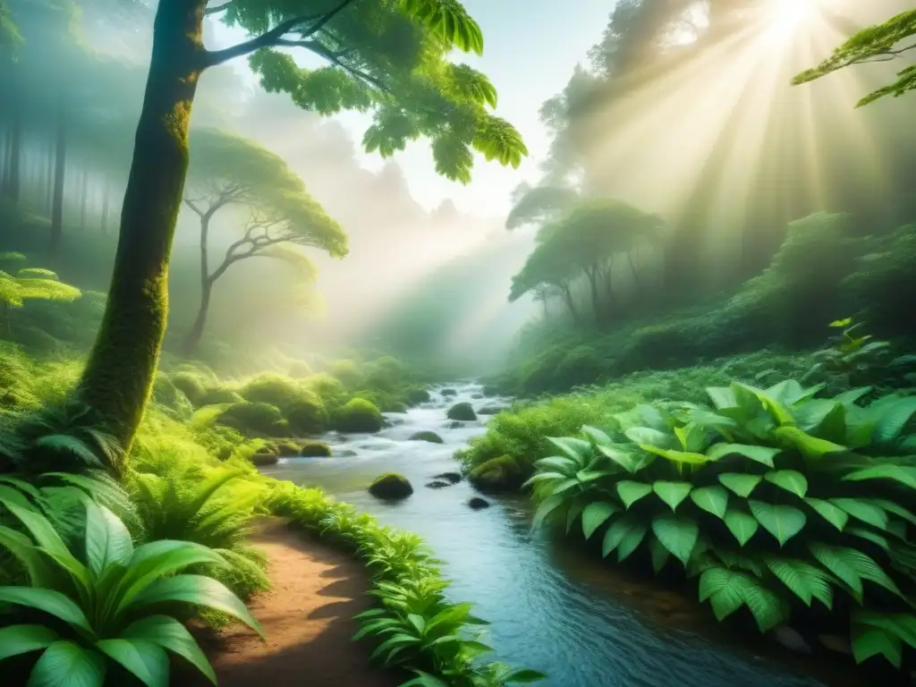Bosque exuberante: armonía natural y serenidad Un bosque exuberante con detalles de plantas, luz solar filtrándose y un arroyo sereno: la belleza de la naturaleza en armonía