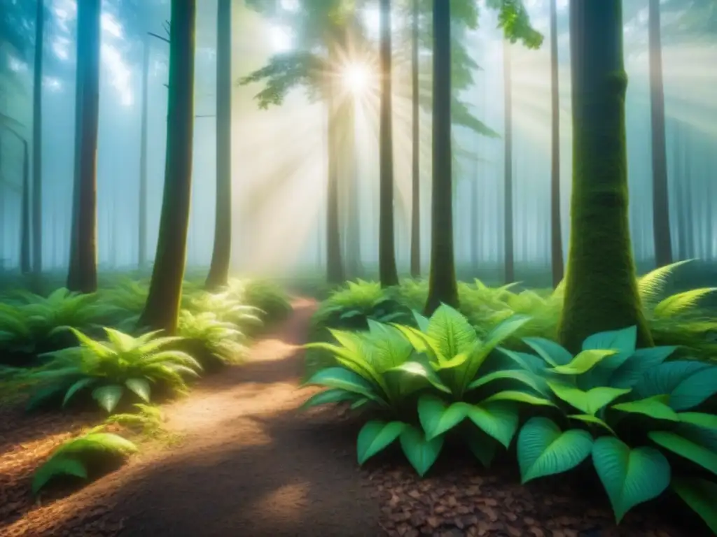 Un bosque exuberante iluminado por el sol, reflejando la biodiversidad y el potencial de la biomasa para políticas públicas desarrollo biomasa energía