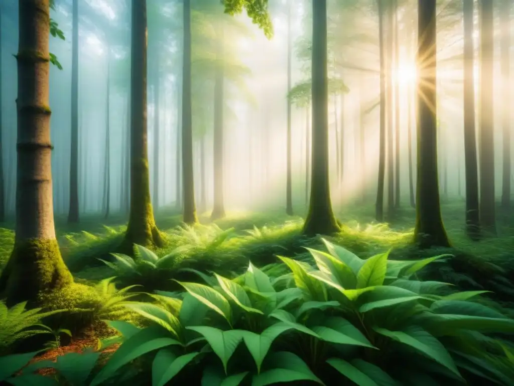 Un bosque exuberante iluminado por el sol, reflejando la biomasa en la nueva economía