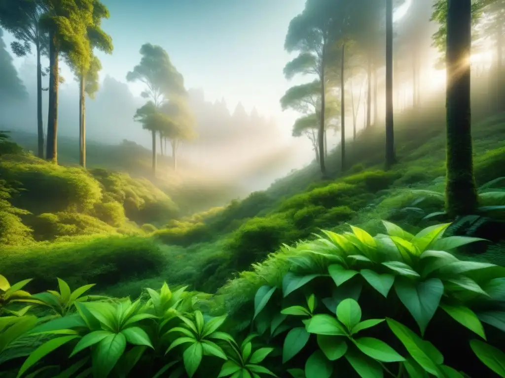 Un bosque exuberante lleno de vida vegetal, reflejando la belleza de la naturaleza con biocatalizadores en química verde