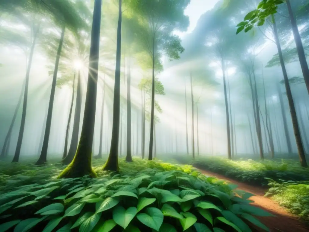 Bosque exuberante con luz filtrada entre las hojas