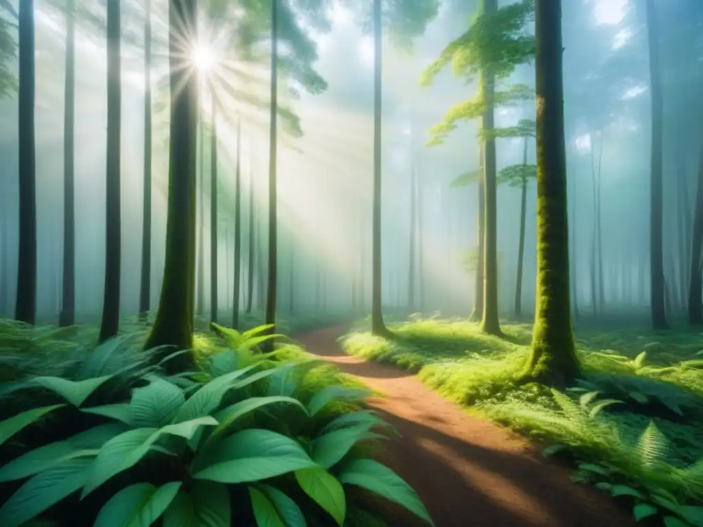 Un bosque exuberante con luz filtrada entre los árboles, proyectando sombras en el suelo
