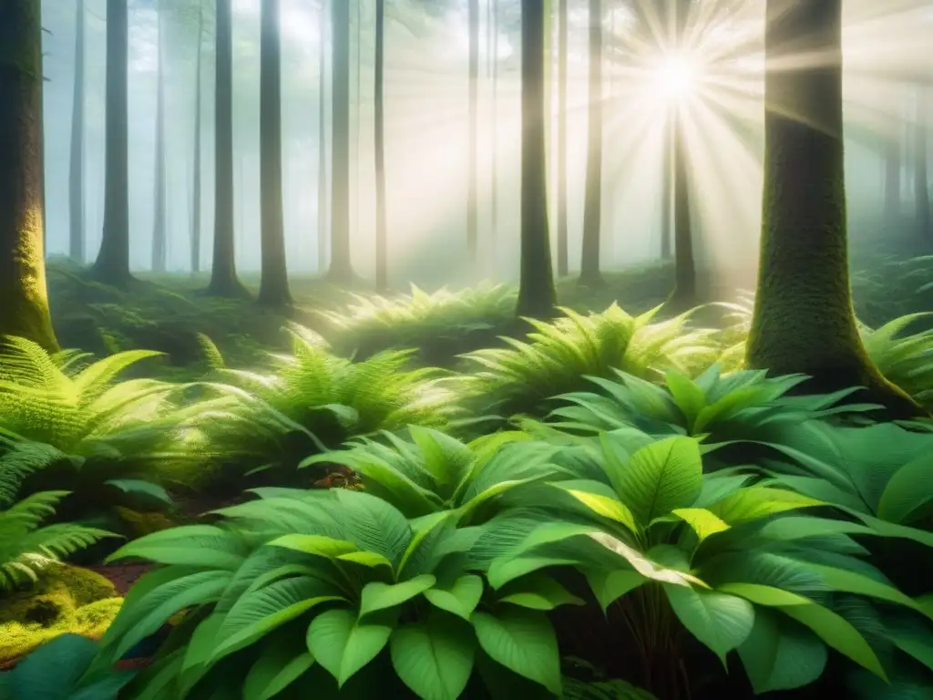 Un bosque exuberante con luz filtrándose entre las hojas, resaltando la minería sostenible para reducir la huella de carbono