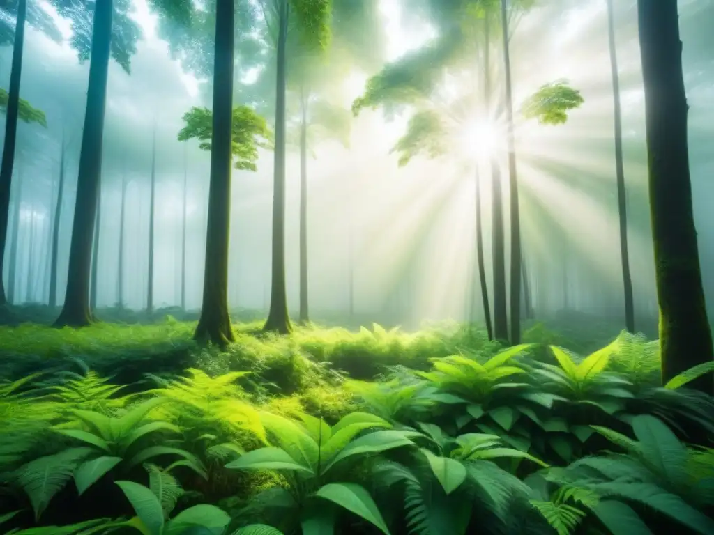 Un bosque exuberante donde la luz del sol ilumina el follaje vibrante, reflejando la esencia de la innovación verde y la sostenibilidad