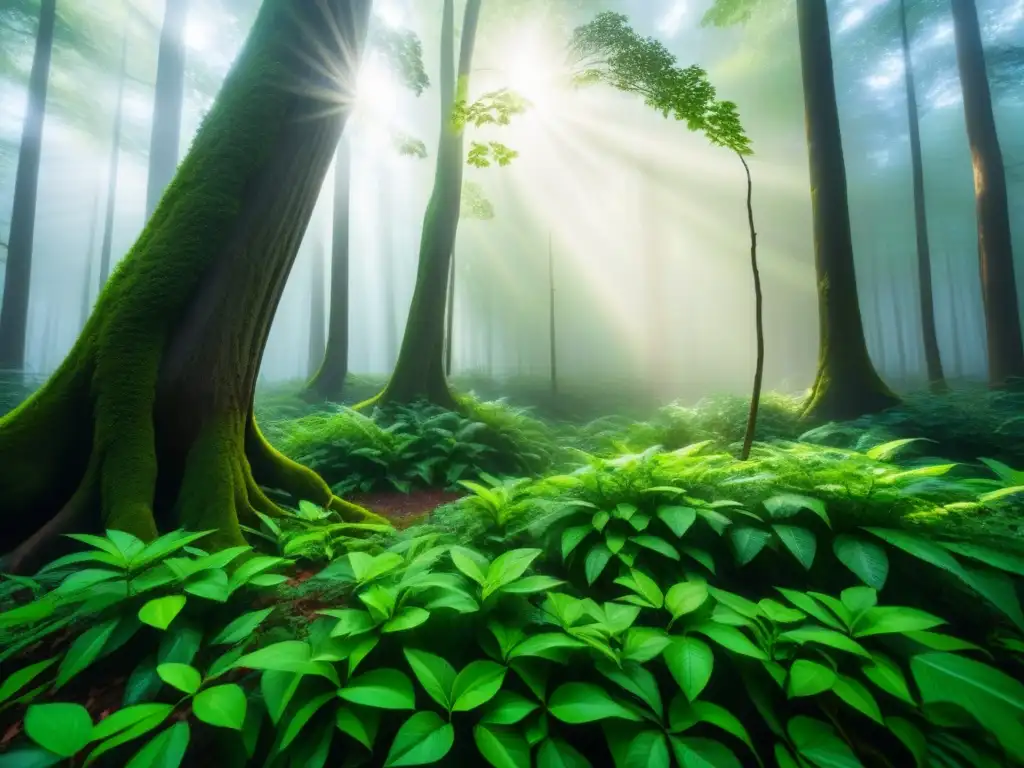 Un bosque exuberante con luz solar filtrándose a través del dosel, destacando la red de ramas y hojas