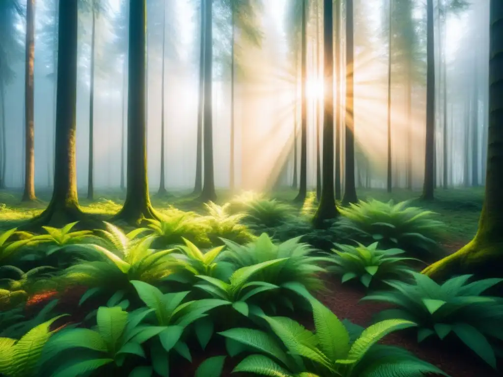 Un bosque exuberante con luz solar filtrándose entre los árboles, destacando la captura y almacenamiento de carbono en la naturaleza