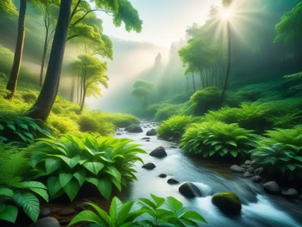 Bosque exuberante con luz solar filtrándose entre las hojas y un arroyo, simbolizando la revitalización de la naturaleza mediante la ingeniería genética descontaminación ambiental