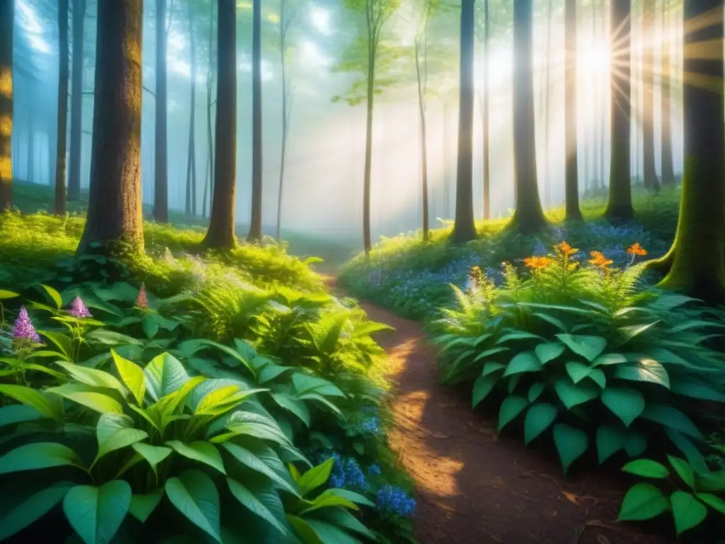 Bosque exuberante con luz solar filtrándose entre las hojas, creando sombras en el suelo