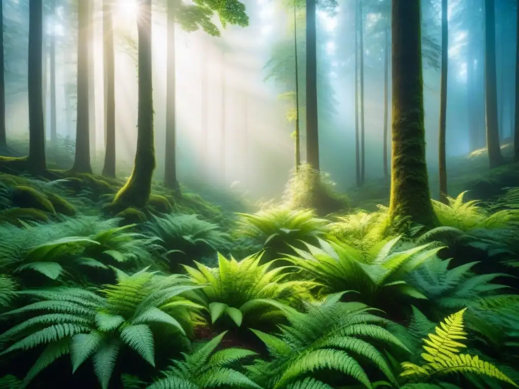 Un bosque exuberante con luz solar filtrándose a través del dosel, destacando hojas verdes vibrantes y helechos delicados en el suelo del bosque