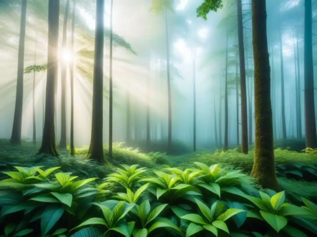 Un bosque exuberante con luz solar entre las hojas, resaltando la armonía de la química sostenible en la naturaleza