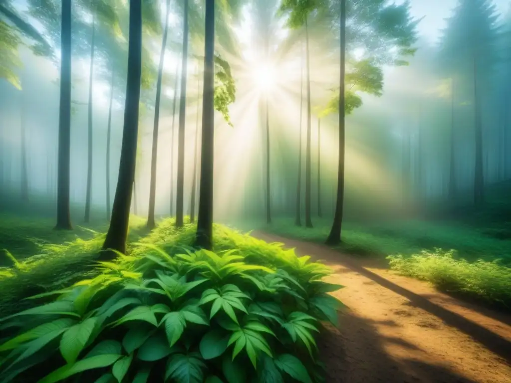 Un bosque exuberante con luz solar filtrándose entre las hojas, creando sombras suaves en la vegetación vibrante