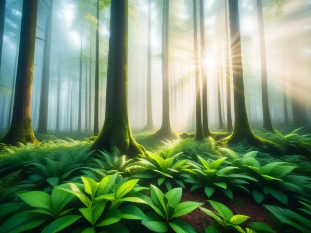 Bosque exuberante con luz solar filtrándose entre las hojas, mostrando la biodiversidad y tranquilidad de un ecosistema sostenible