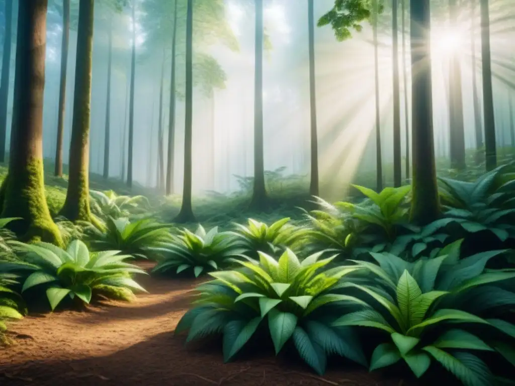 Un bosque exuberante con luz solar filtrándose entre el dosel, creando patrones de luz y sombra en el suelo