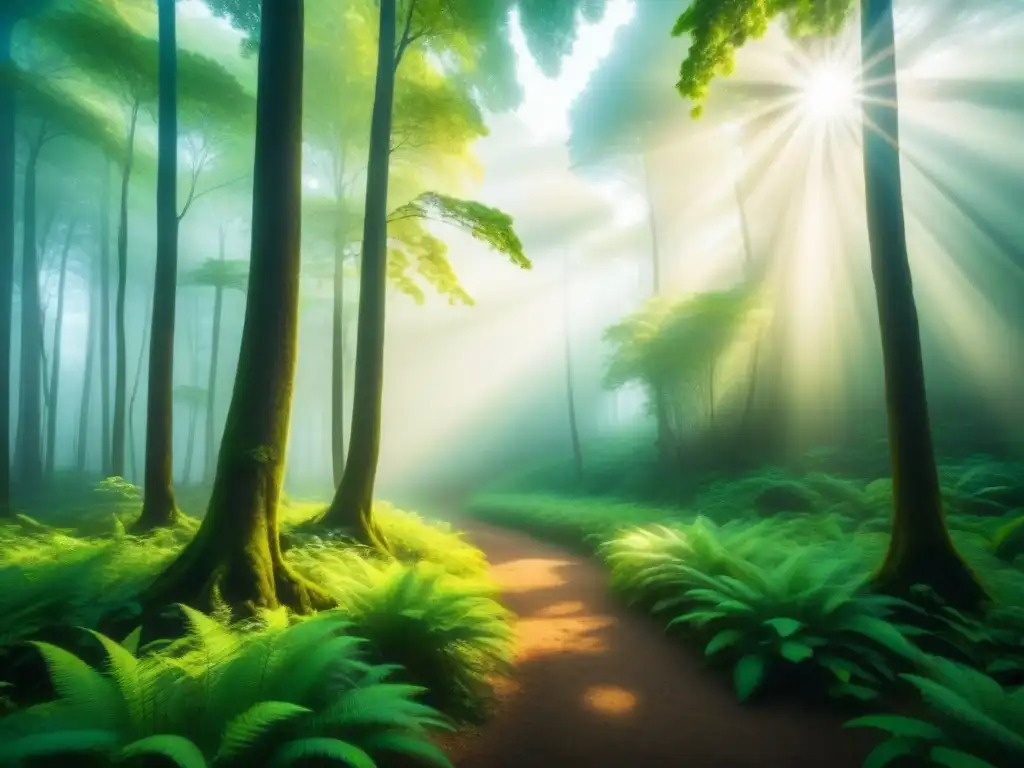 Un bosque exuberante con luz solar filtrándose a través de la copa de los árboles, reflejando la belleza y tranquilidad de la naturaleza