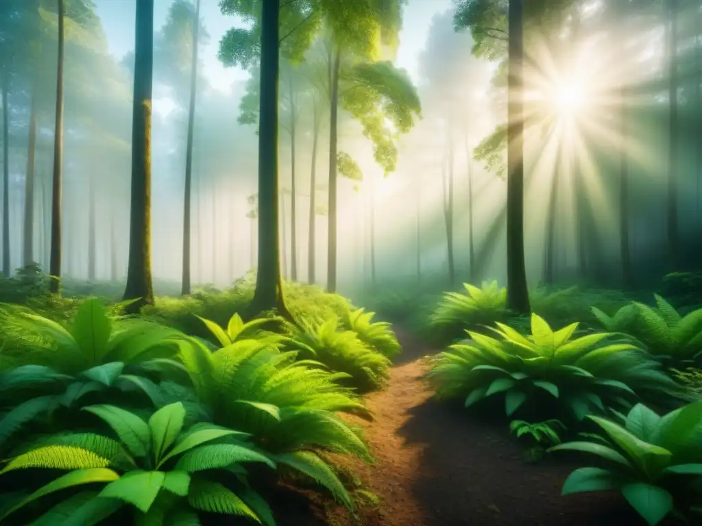 Un bosque exuberante con luz solar filtrándose, muestra la belleza natural y el potencial de la ingeniería genética bioremediación industrial