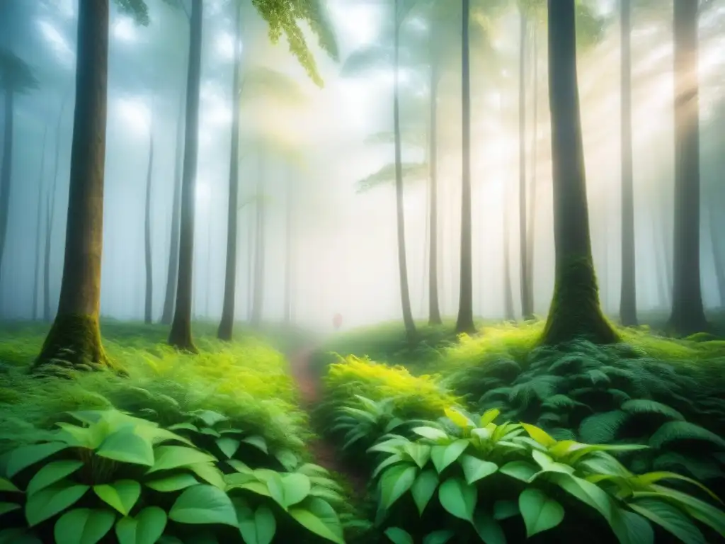 Un bosque exuberante con luz suave y detalles fascinantes