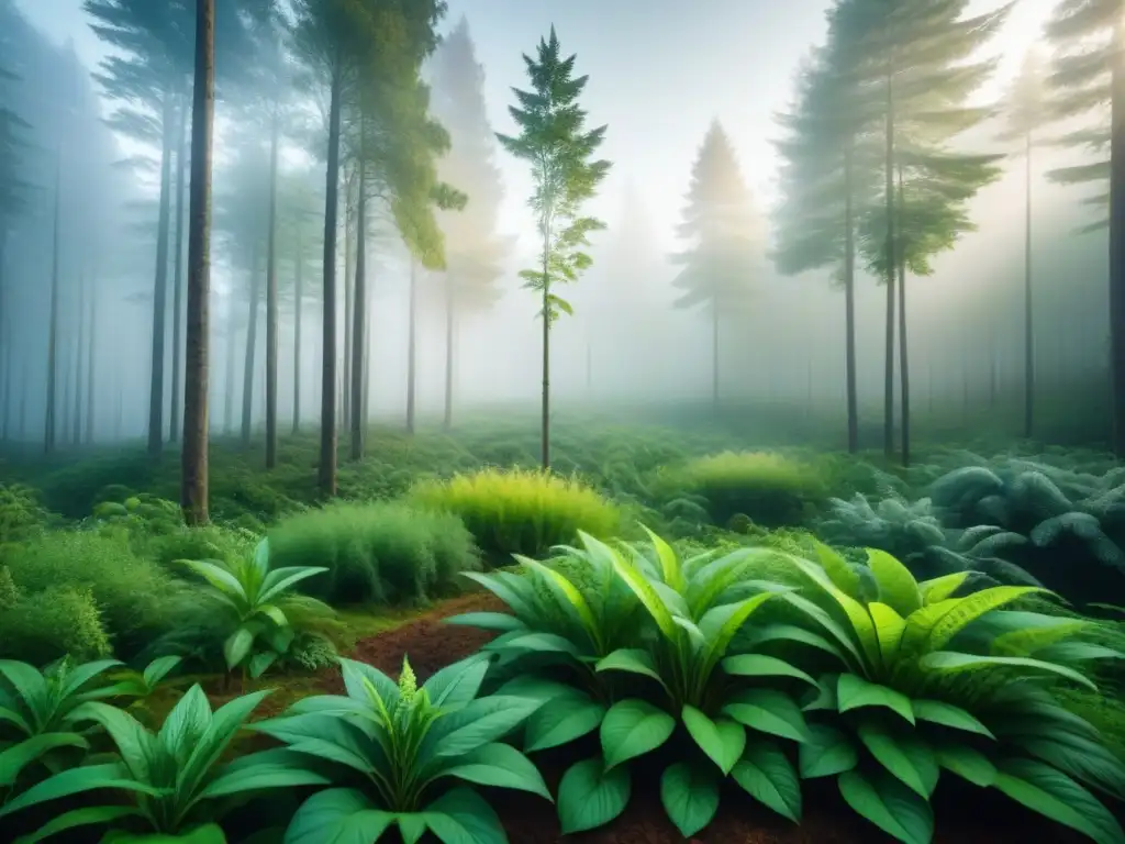 Un bosque exuberante con plantas etiquetadas por su papel en la fitoremediación de contaminantes químicos