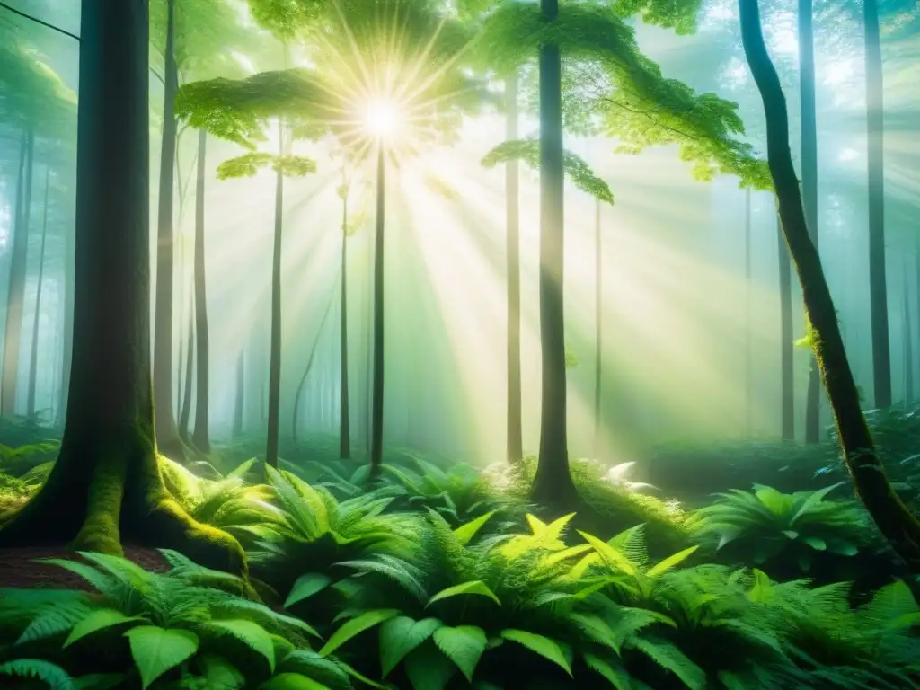Bosque verde exuberante: detalle y serenidad Un bosque exuberante con un rayo de sol filtrándose entre el dosel, creando un ambiente sereno y beneficios biomasa energía sostenible
