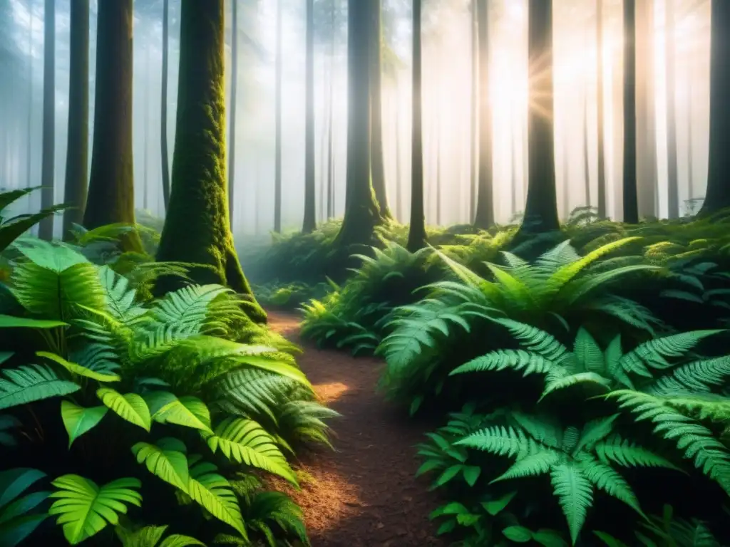 Bosque exuberante con rayos de sol entre árboles, resaltando modelos negocio ecológicos rentables