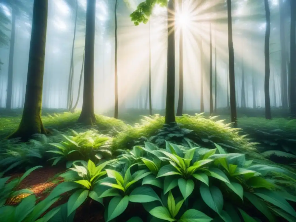 Un bosque exuberante con rayos de sol filtrándose entre las hojas, creando sombras